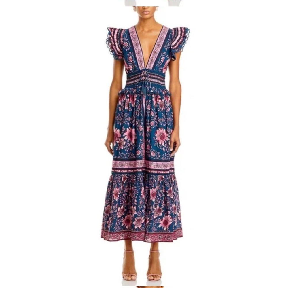 Farm Rio Ainika Charm‎ Teal Midi Dress Floral Smocked Ruffle V-Neck NWT Size L
